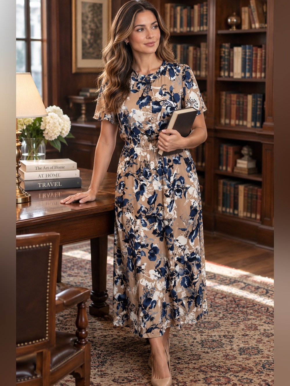 Kasper Beige Floral Midi Dress with Navy & White Print size XL